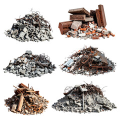 Six distinct piles of debris, featuring concrete, brick, metal, and wood fragments