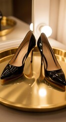 Elegant Black Heels on Golden Tray - A Stylish Still Life.