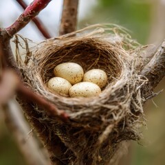 Nest with eggs nestled in a tree branch, natures delicate creation.