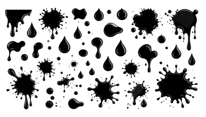 A collection of diverse black ink blots, splatters, and drops of varying sizes and shapes on a clean white background. Vector illustration