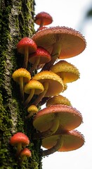 Cluster of Mushrooms Growing on a Tree Trunk in a Forest.