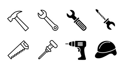 Obraz premium Vector art of tool icon set featuring hammer, wrench, drill, saw, and helmet in a simple and modern design style