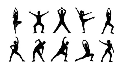 Vector art of stick figures of people in various yoga poses and stretching, representing fitness and wellness