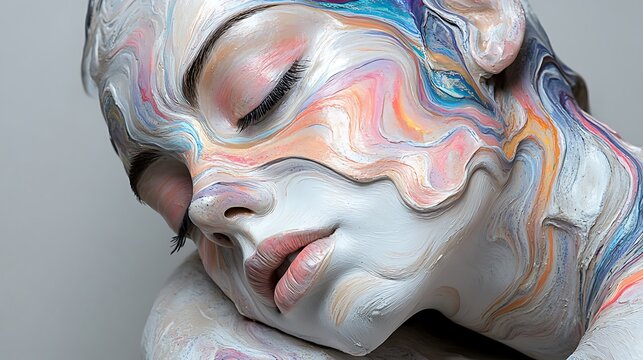 Painted Dream Woman with flowing colorful paint on face Serene beauty.