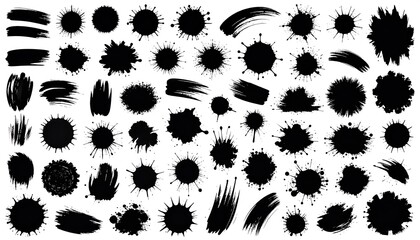 A collection of diverse black ink splatters and brushstrokes, offering a variety of shapes and textures on a white background