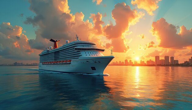 Large cruise liner sails on calm ocean near city skyline at vibrant sunset. Dramatic clouds glow orange and pink reflecting on water surface. Nautical voyage begins.