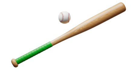 Wooden baseball bat and ball isolated on a transparent background green