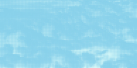 Blue halftone gradient pattern. Retro comic book background with white clouds against blue sky. Vector illustration.