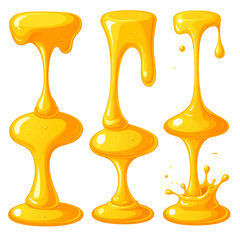 Three illustrations of flowing viscous liquid, styled as golden blobs, with drips and a splash