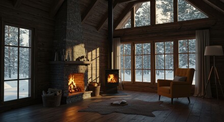 Naklejka premium Cozy log cabin interior with fireplace and winter forest view.