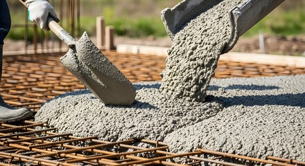 Pouring Fresh Concrete on Rebar Grid