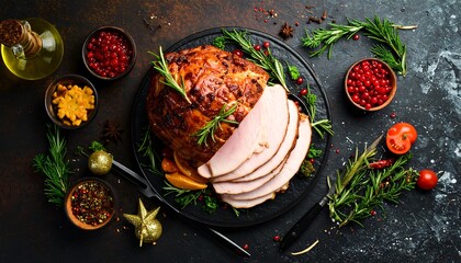 A festive spread featuring a glazed ham, sliced to reveal pink meat. Accompaniments are red berries, herbs, and various sauces