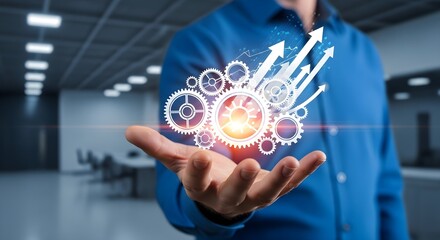 Hand Presenting Digital Gears and Arrows for Growth