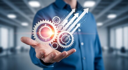 Hand Showing Glowing Gears and Arrows of Progress