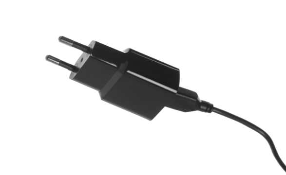 Black charger adapter isolated on white background, charger with USB output.