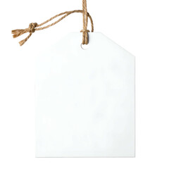 Blank white tag, hanging by twine, isolated on black. Simple and ready for writing