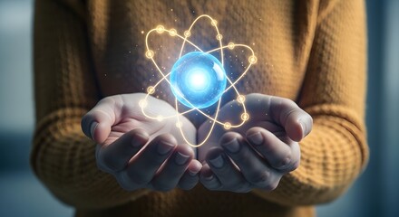 Hands Cupped Around a Glowing Stylized Atom