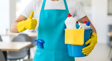 Cleaner in Apron and Gloves Giving a Thumbs Up