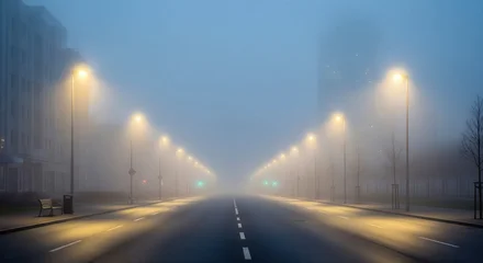 Poster Mistige ochtendstond Foggy Urban Street. Cinematic Morning City Atmosphere.  © smit