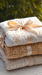 Stack of elegant crocheted blankets tied with satin ribbon, cozy handmade textile gift set in warm natural tones, perfect for home decor, comfort and lifestyle interior inspiration