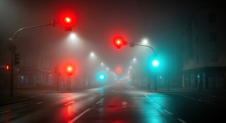 Quiet Street Lights in Morning Fog. Moody City Scene.