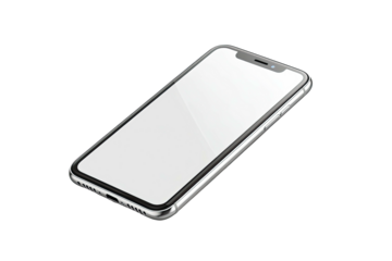 Silver-edged smartphone with a blank white screen, tilted against black background