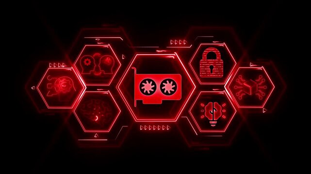 Graphics card GPU icon in a glowing red digital network with binary code and abstract tech elements