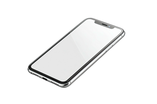 Silver-edged smartphone with a blank white screen, tilted against black background