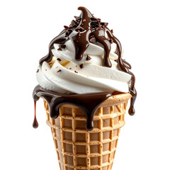 A swirled, soft-serve confection in a waffle cone, drizzled with rich chocolate sauce