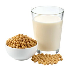 Glass of creamy liquid beside a bowl of tan beans, small spill
