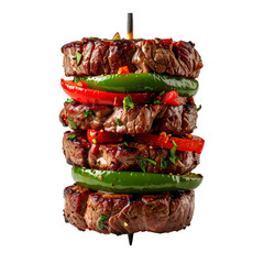 Tower of grilled steak and peppers, stacked high on a skewer against a black backdrop