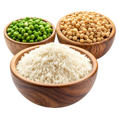Three wooden bowls showcasing fresh green peas, soybeans, and fluffy white rice