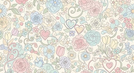 Pastel Floral Dreamscape - A Delicate Tapestry of Blooms and Hearts.