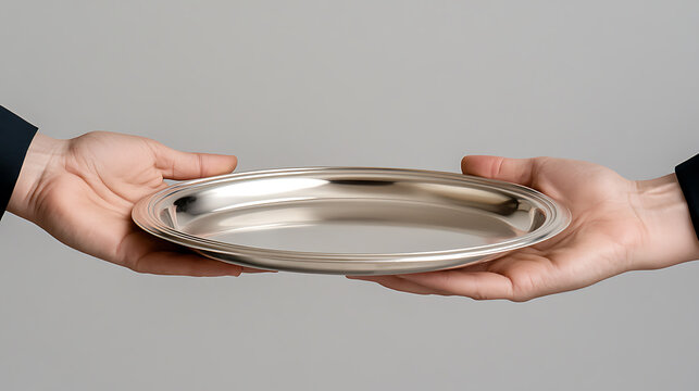 Hands offering an empty silver platter against a neutral background. Concept for service, presentation, or a metaphorical offering.