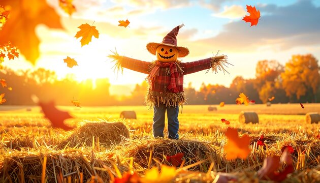 A smiling scarecrow stands in a field with outstretched arms amid falling leaves and hay bales at sunset. Autumn colors abound