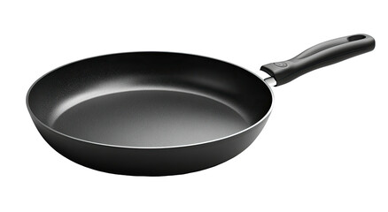 Black nonstick frying pan with ergonomic handle angled on a dark background