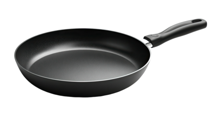 Black nonstick frying pan with ergonomic handle angled on a dark background