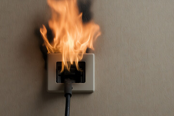 Electrical Fire Hazard: Damaged outlet with flames and smoke indicates a dangerous situation. Urgently address electrical issues to prevent potential hazards.