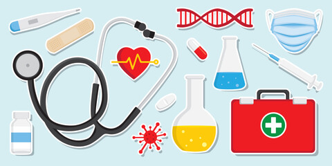 A clean and modern flat design illustration showing essential medical and healthcare icons. Perfect for hospital infographics, health apps, and medical presentations.