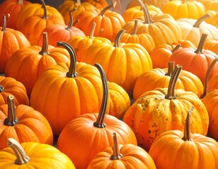 Obraz premium A close-up view showcases many vibrant, orange pumpkins with varying shapes and sizes, illuminated by sunlight