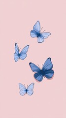 Four blue butterflies against a soft pink background for various design uses