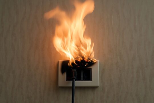 Electrical outlet ablaze on textured wall, posing a fire hazard. Immediate action required. Stay safe and prevent electrical fires!