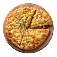 Macaroni and Cheese Pizza on Wooden Board with Transparent Background