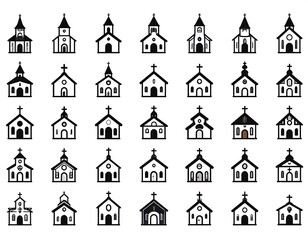 A collection of diverse minimalist church building illustrations, presented in black and white. Each features a steeple, crosses and varying architectural details
