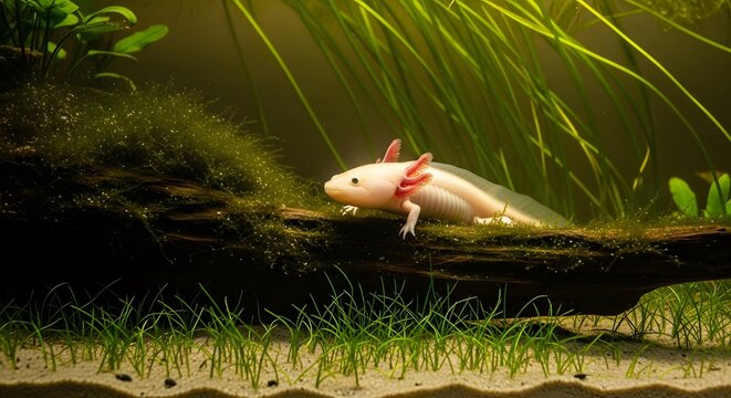 A leucistic axolotl rests on a moss-covered log in a freshwater aquarium, photographed with shallow depth of field highlighting the amphibian against a green and