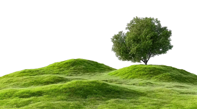 Green Hills and Lone Tree Against transparent Background, A Peaceful Natural Landscape