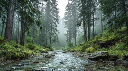 Obraz premium Dramatic, moody scene of a rushing mountain stream or creek flowing over rocks through a dense, foggy coniferous forest. Tall trees, moss, and mist create an atmospheric, mysterious, and serene mood