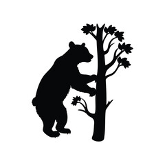 Silhouette of a Large Bear Climbing a Tree with Blooming Flowers, bear climbing tree silhouette vector illustration