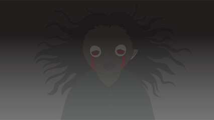 Horror Halloween Female Ghost Face Vector Illustration with Red Eyes and Blood Tears