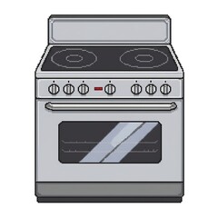 Obraz premium A front-view pixel art illustration of an electric kitchen stove. The stove features two elliptical burners, four control knobs, and a reflective glass oven door set against a solid background.
